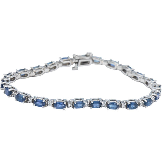 14k White Gold Round Diamond and Marquise Blue Sapphire Tennis Bracelet 6.0CT