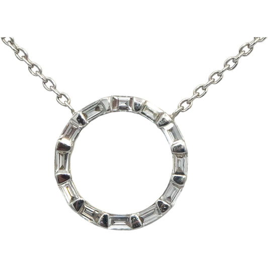 18k White Gold VS Baguette Cut Bar Set Diamond Circle Pendant Necklace .25CT