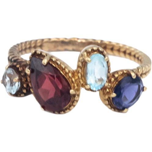 14k Yellow Gold Garnet Blue Topaz Amethyst Cocktail Ring 2.0CT Size 7