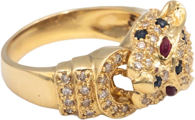 Diamond and Sapphire 14k Yellow Gold Panther Ring w/ Ruby Eyes 1.0CT Size 7