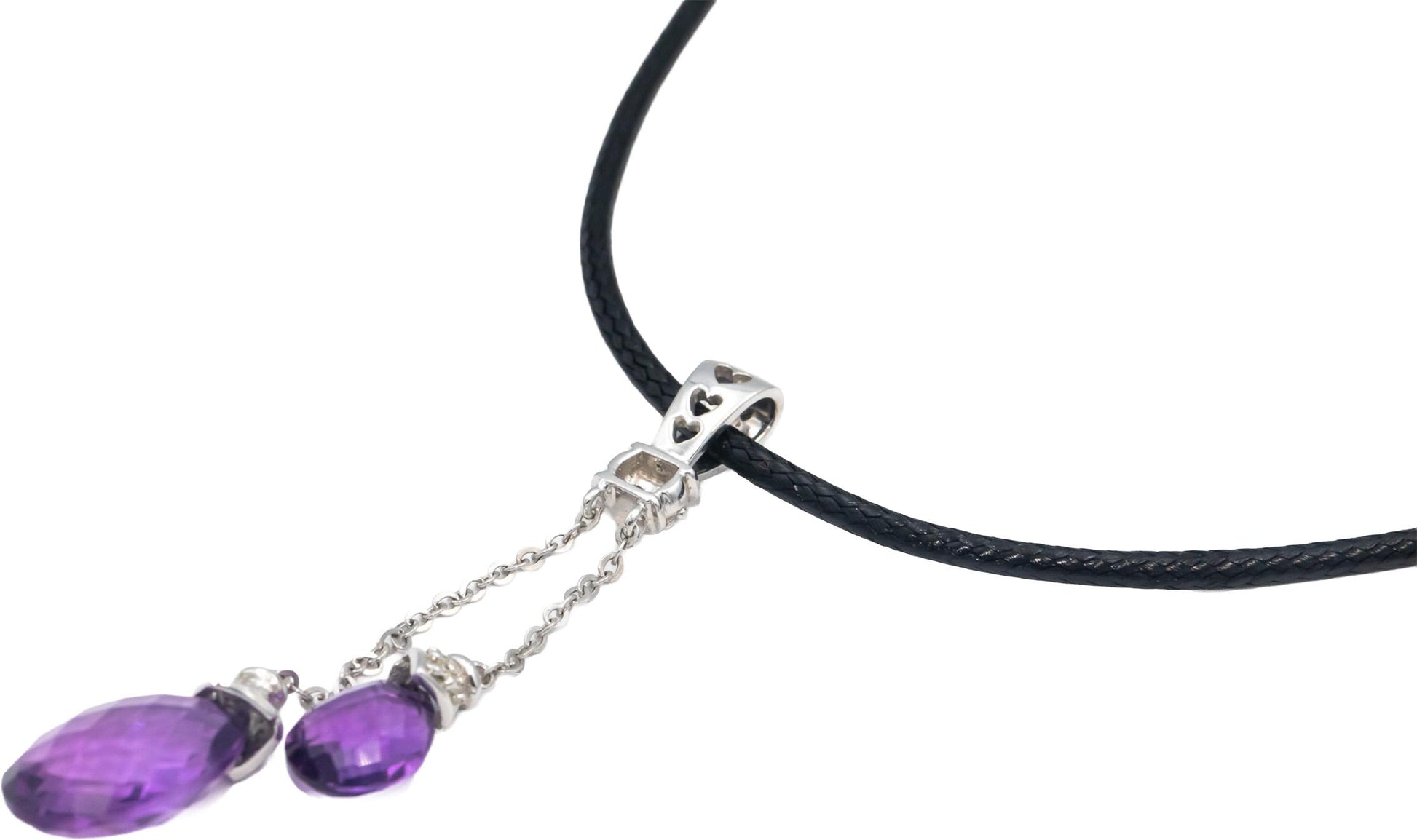 14k White Gold Briolette Amethyst Round Diamond Dangle Pendant Necklace