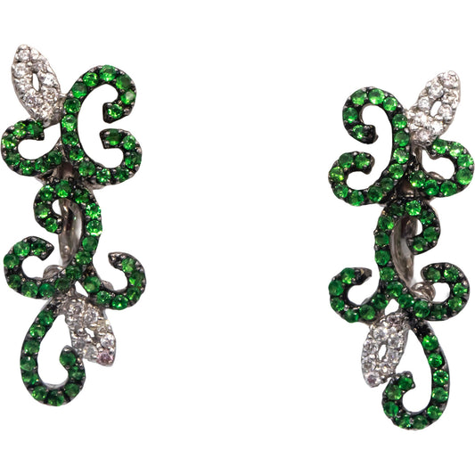 18k White Gold Round VS Diamond & Tsavorite Floral Dangle Earrings 0.20CT