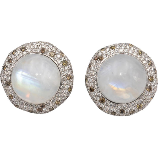 CGL Certified 18k White Gold Round Diamond Cabochon Moonstone Earrings 6.10CT