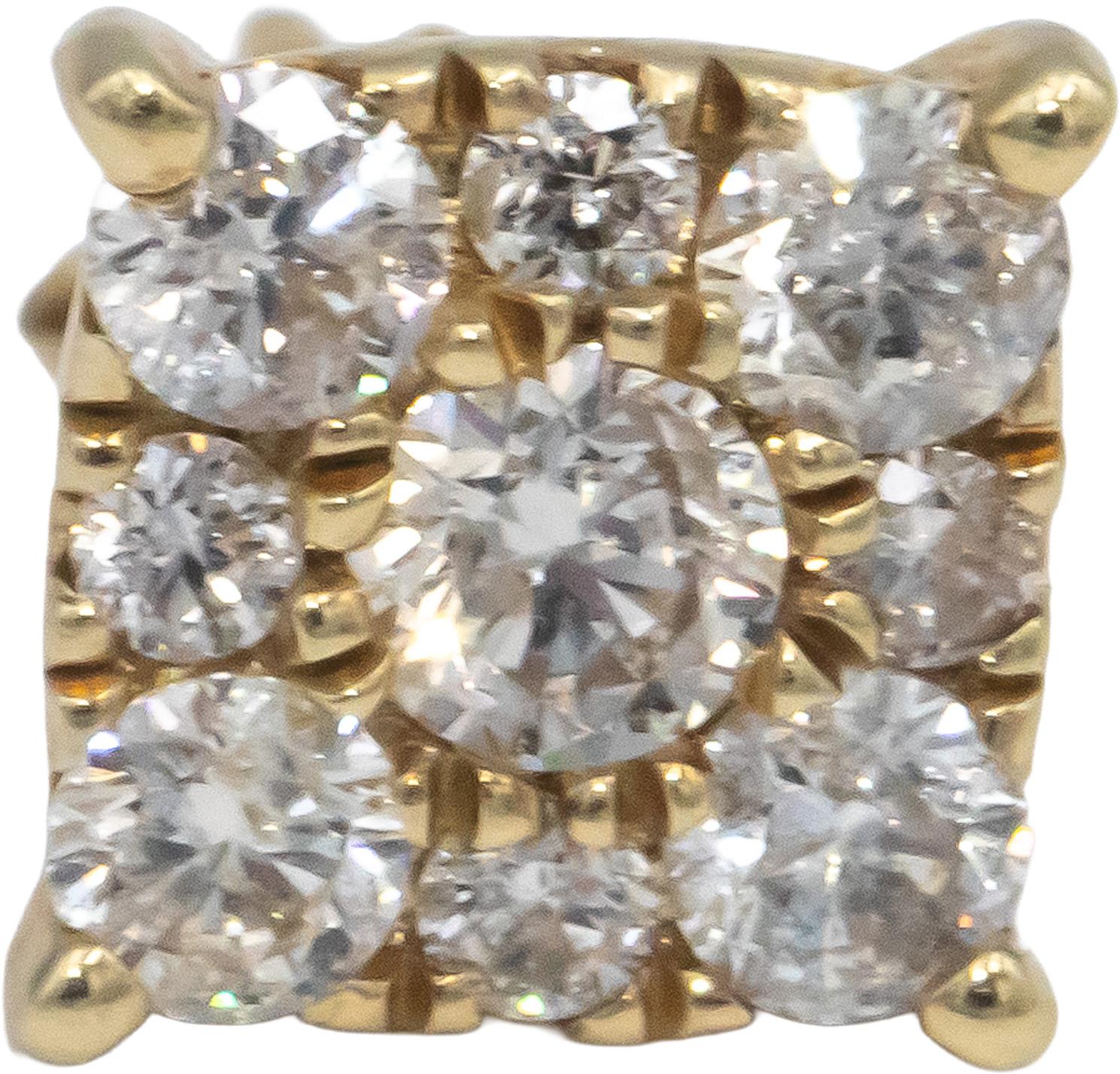 Round Diamond 10k Yellow Gold Cluster Square Shaped Stud Earrings 1.50CT