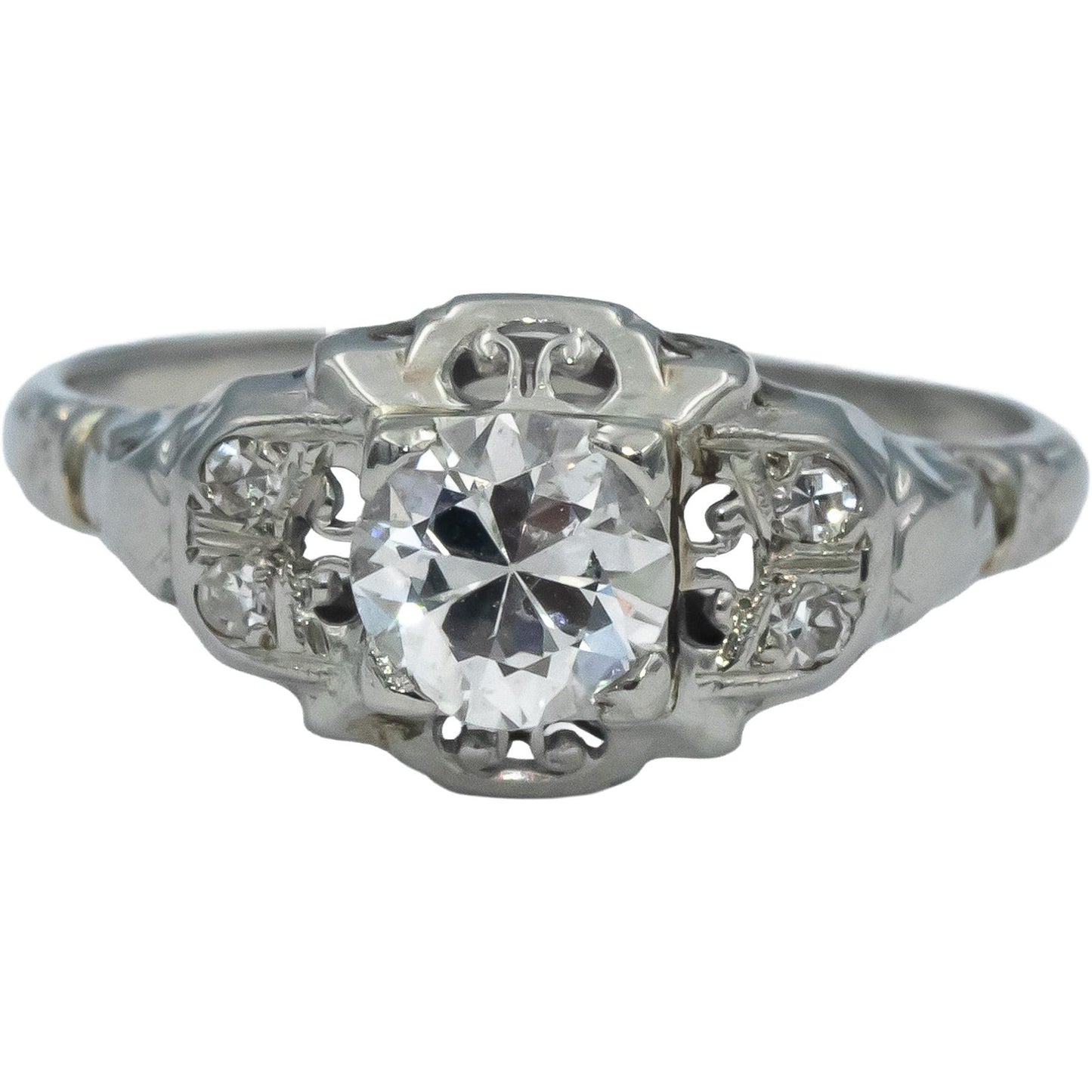 Vintage Antique Old Euro Diamond 14k White Gold Filigree Ring 0.51CT Size 5.75