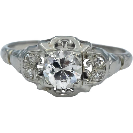 Vintage Antique Old Euro Diamond 14k White Gold Filigree Ring 0.51CT Size 5.75