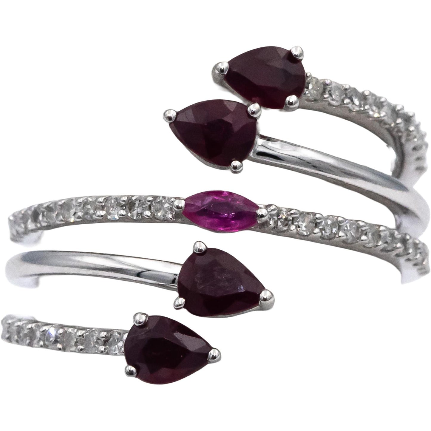 14k White Gold Diamond Ruby Spiral Bypass Ring 1.23CT Size 7