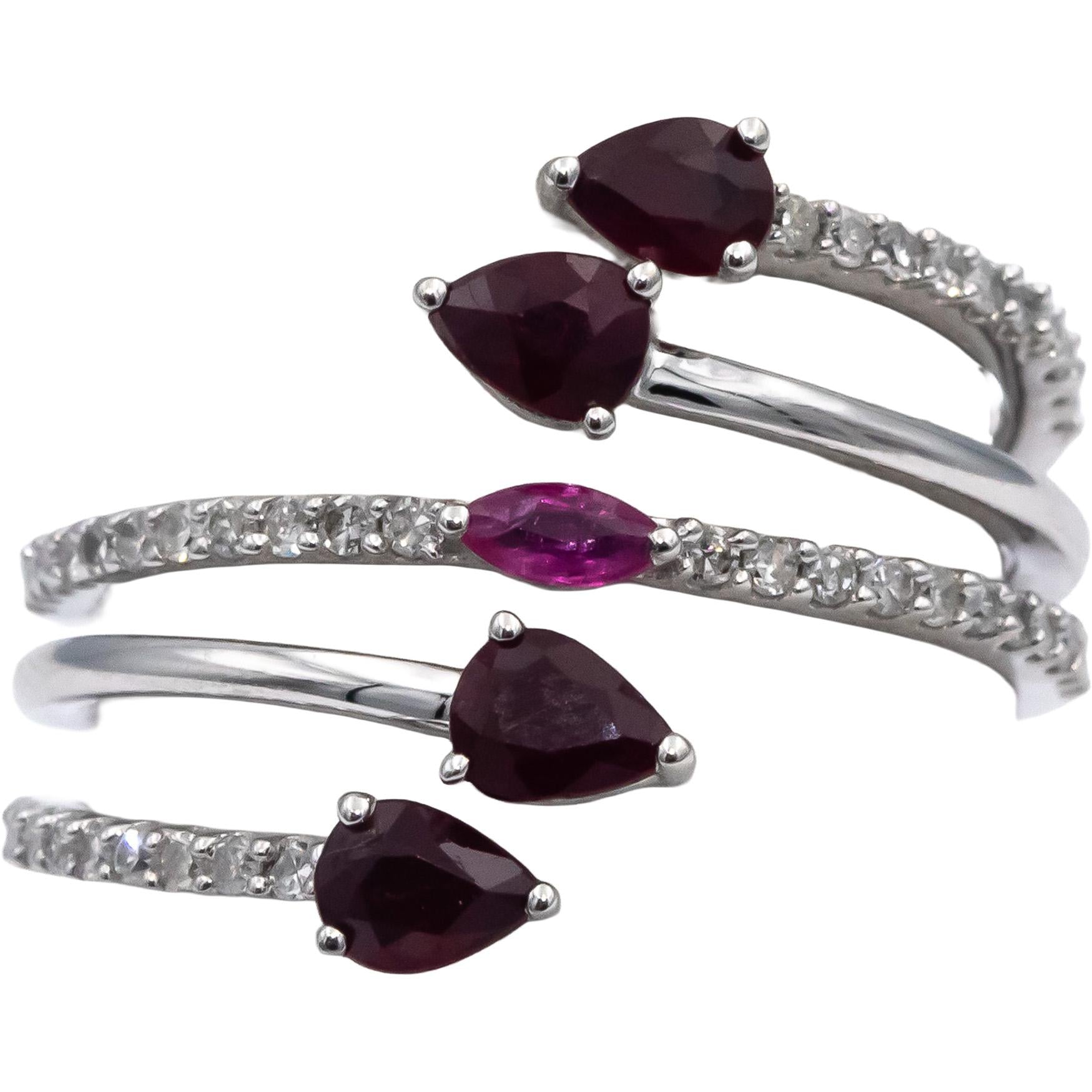 14k White Gold Diamond Ruby Spiral Bypass Ring 1.23CT Size 7