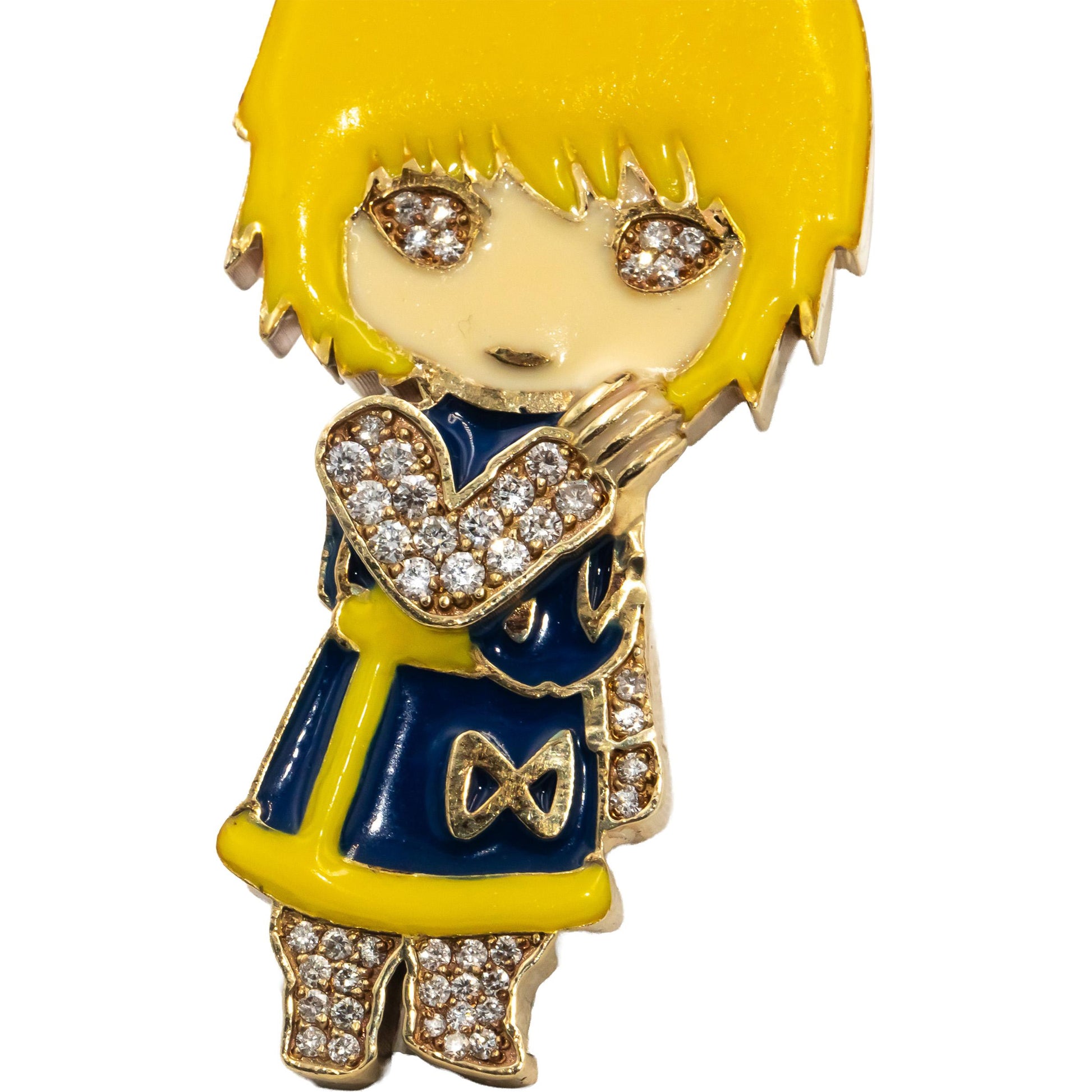 10k White & Yellow Gold VS Round Diamond Enamel Anime Character Pendant 1.50CT