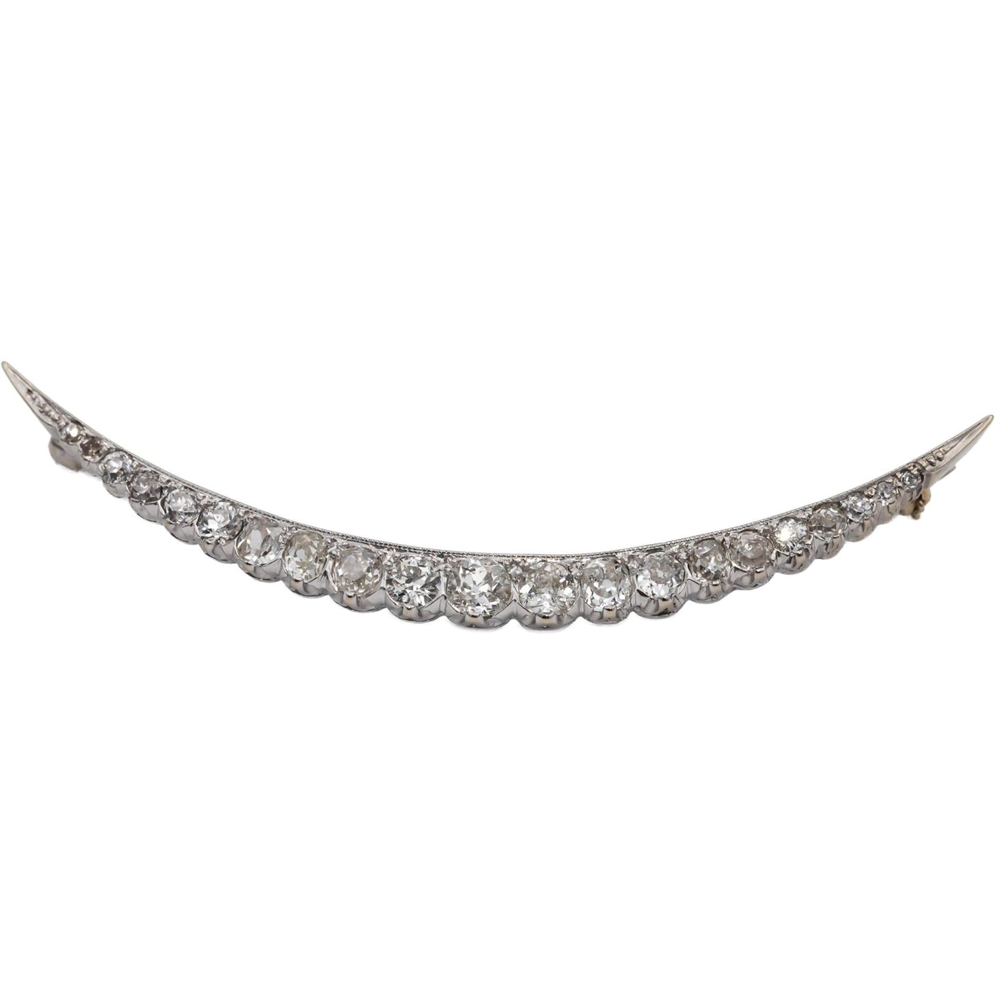 Vintage Antique 14k White Gold Old Mine & Euro Diamond Crescent Moon Pin 1.50CT