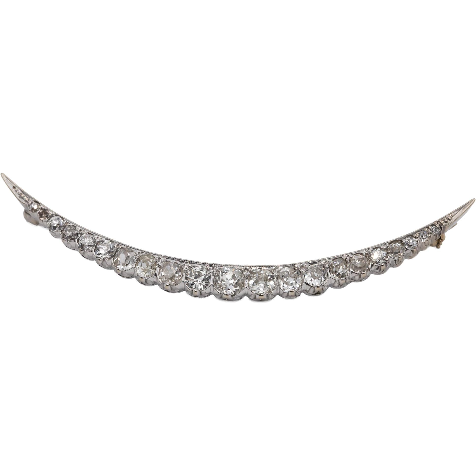 Vintage Antique 14k White Gold Old Mine & Euro Diamond Crescent Moon Pin 1.50CT