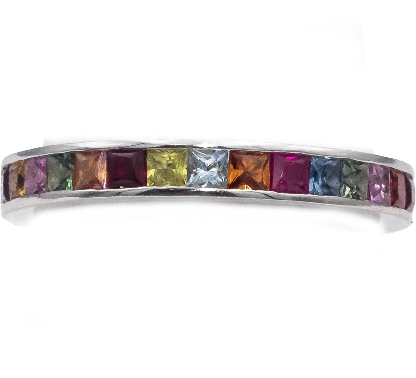 18k White Gold Square Channel Set Rainbow Sapphire Band Ring 1.10CT Size 7.5