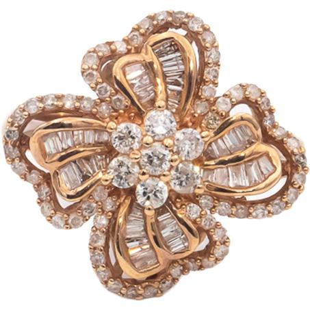 14k Rose Gold Round & Baguette Cut Diamond Flower Cocktail Ring 0.75CT Size 10
