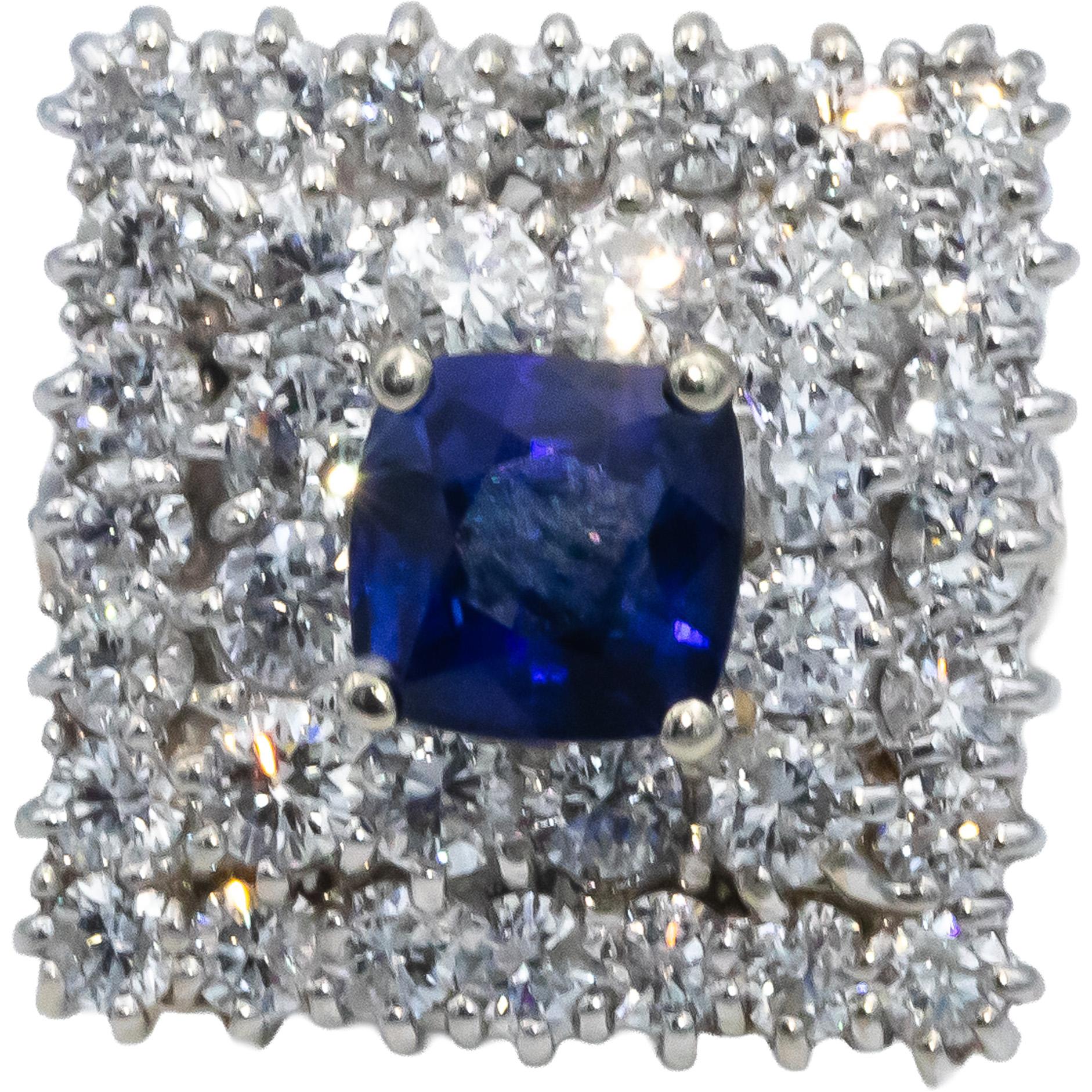 14k White Gold Cushion Cut Sapphire Round Diamond Cluster Cocktail Ring 2.95CT