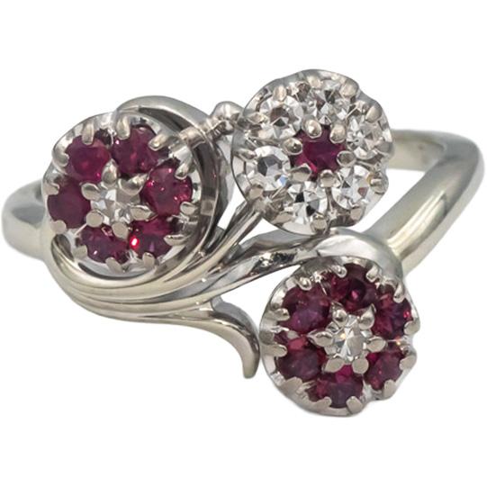 JABEL Vintage 18k White Gold Ruby & VS Diamond Flower Ring 0.40CT Size 6