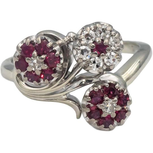 JABEL Vintage 18k White Gold Ruby & VS Diamond Flower Ring 0.40CT Size 6