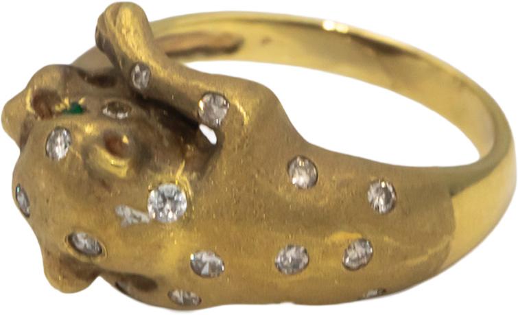 18k Yellow Gold Round Diamond Jaguar Ring .16CT Size 6.75 w/ Emerald Eye Accents