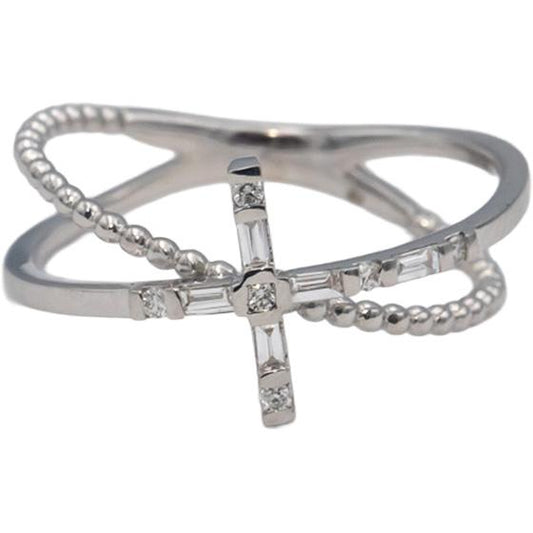 18k White Gold VS Round & Baguette Diamond Criss Cross Band Ring .10CT Size 7.25