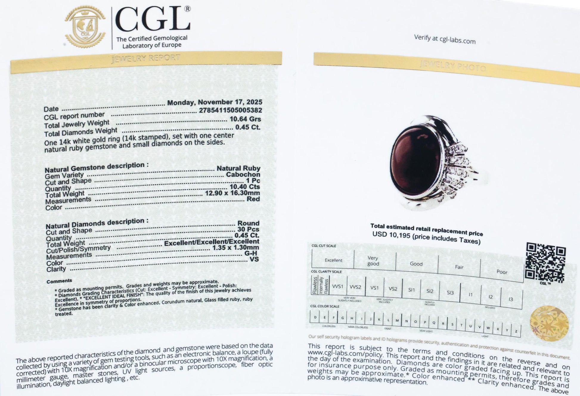 CGL Certified 14k White Gold Cabochon Ruby & Round Diamond Ring 10.85CT Size 7