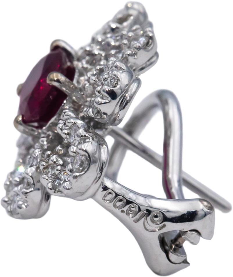 18k White Gold Oval Ruby Round Diamond Flower Earrings 2.42CT