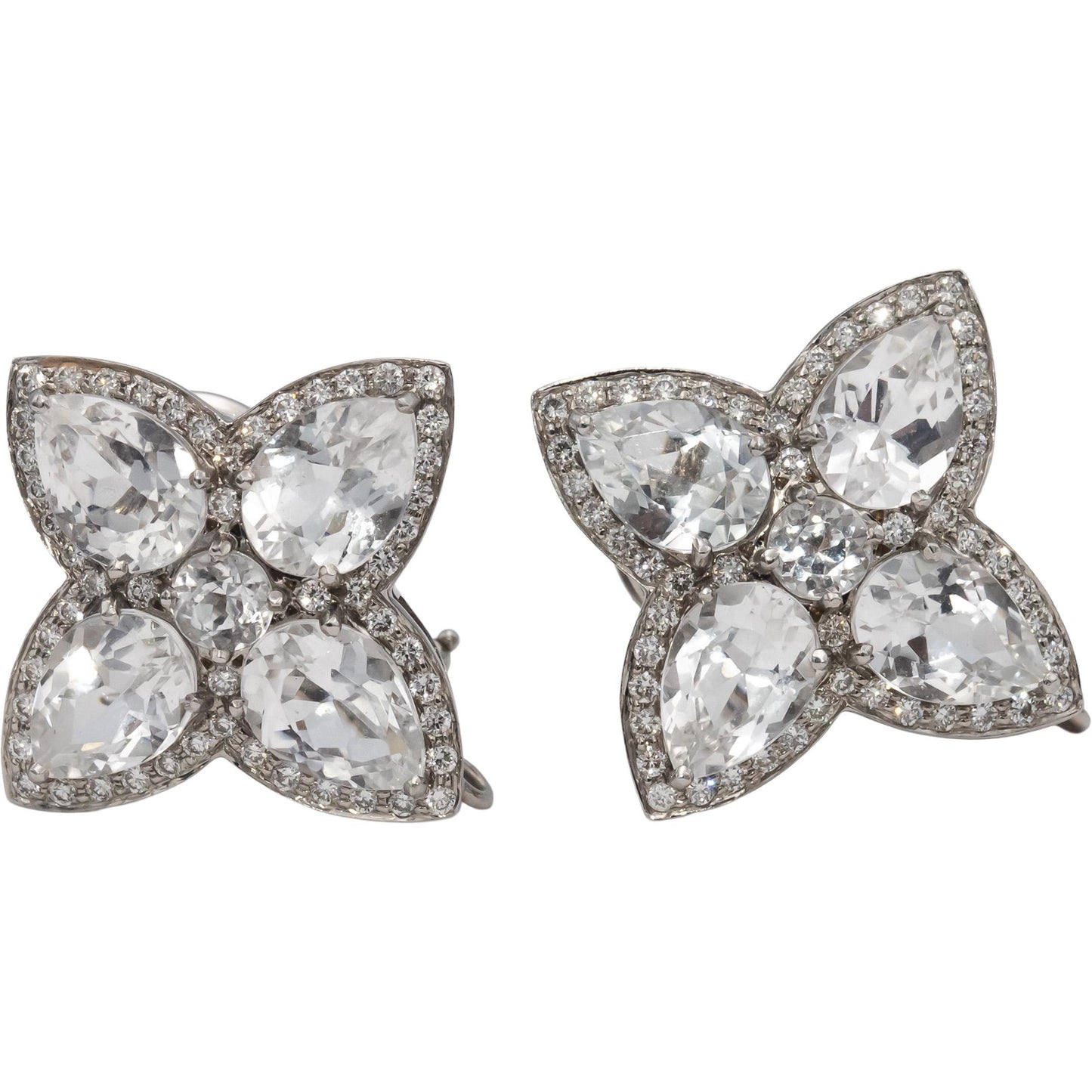 14k White Gold Round Diamond Pear Cut White Topaz Flower Earrings 10.50CTW