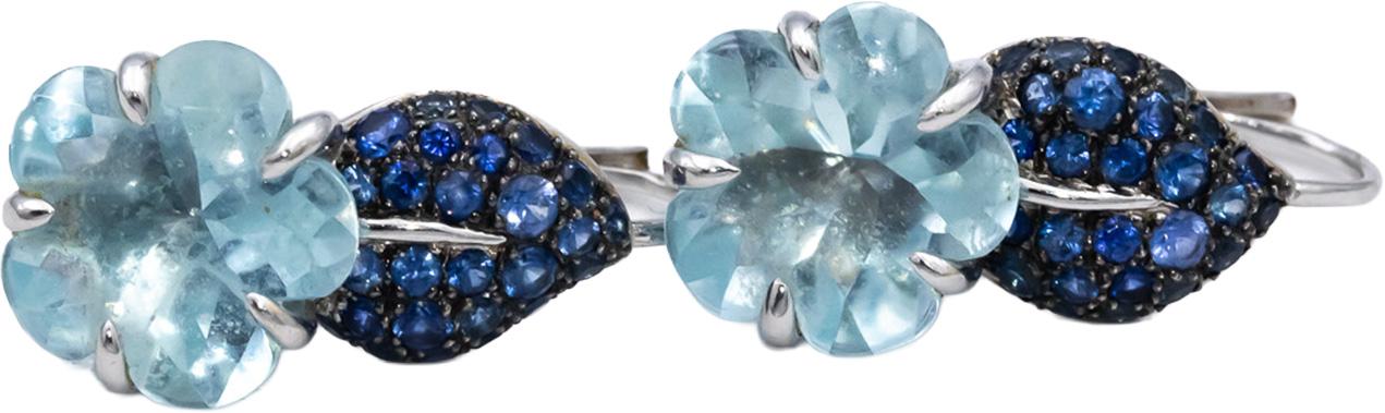 CHANEL Vintage 18k White Gold Camelia Aquamarine & Sapphire Flower Earrings