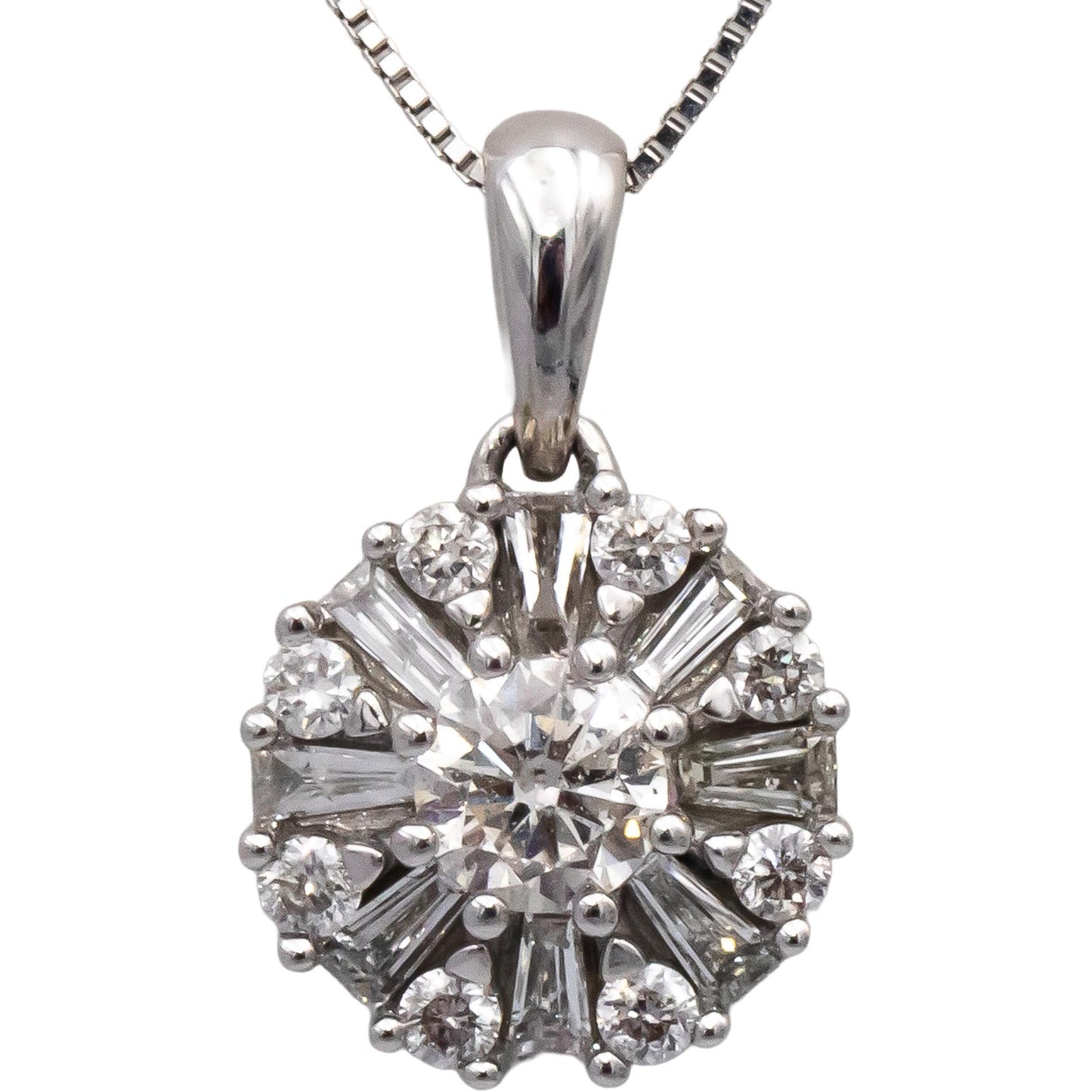 10k White Gold Round Baguette Diamond Cluster Starburst Pendant Necklace 0.76CT