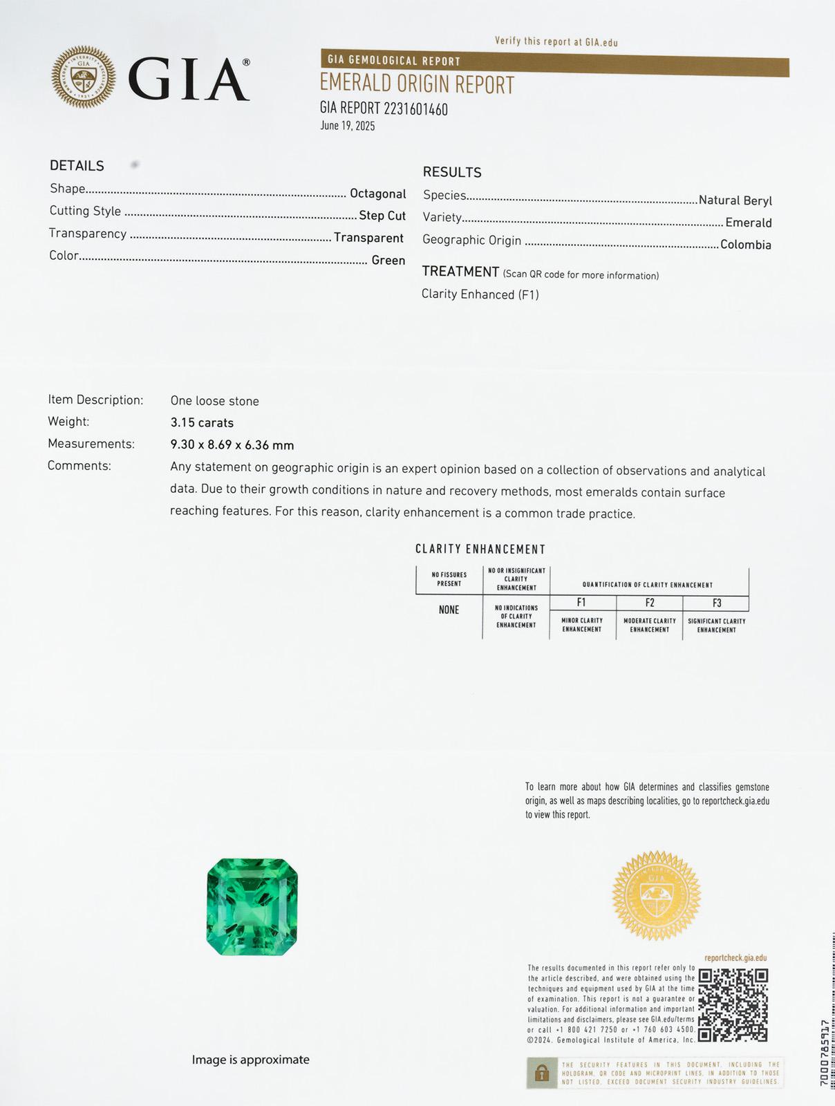 GIA Certified Natural Colombian Emerald Octagonal Cut Loose Gemstone 3.15CT
