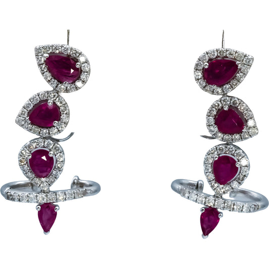 18k White Gold Pear Cut Ruby & Round Diamond Drop Stud Earrings 3.70CTW