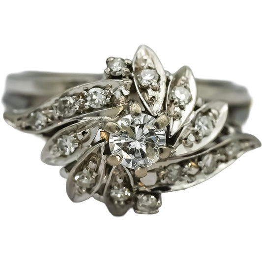 Vintage Antique 14k White Gold Diamond Cocktail Ring 0.38CT Size 5