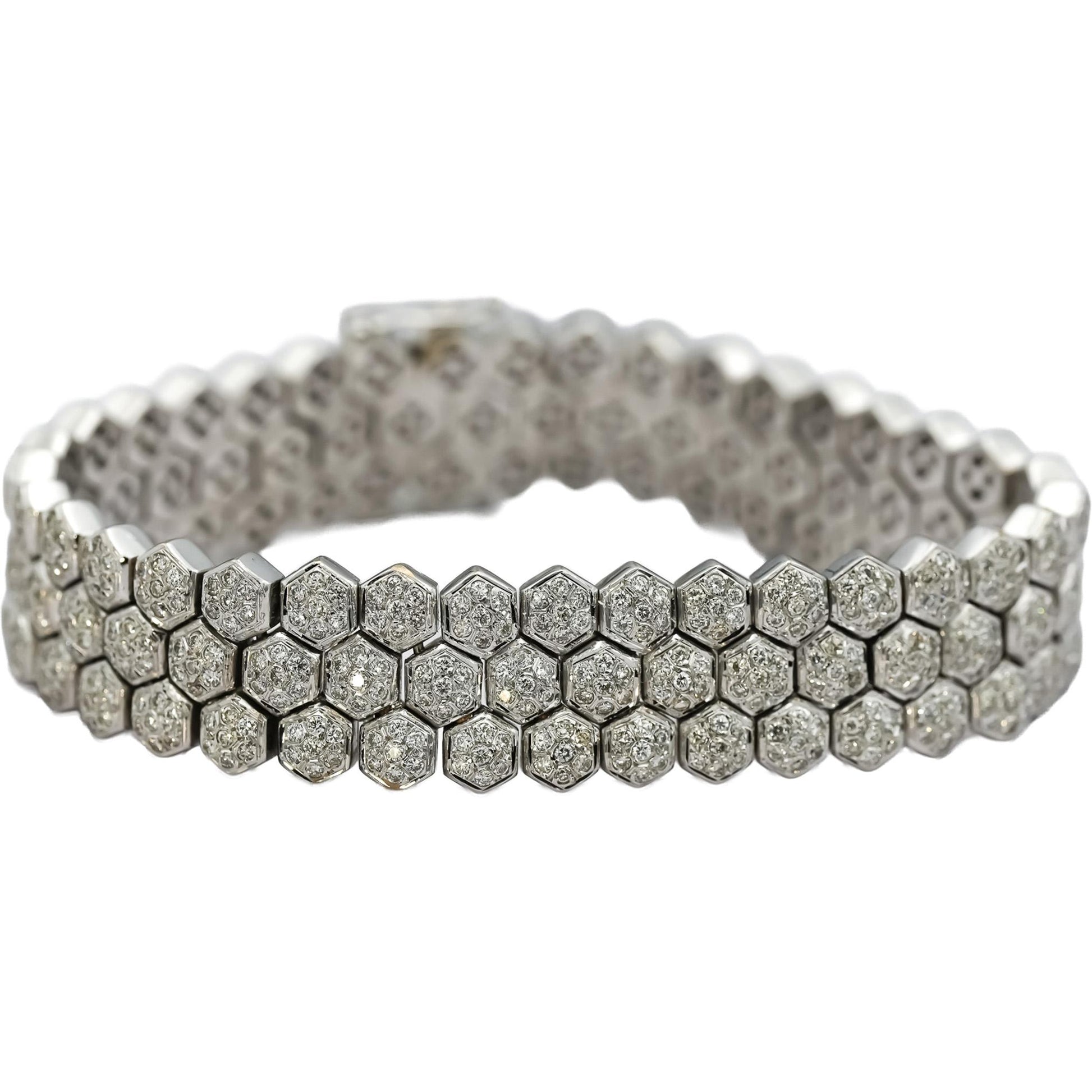 18k White Gold Round Diamond Hexagon Link Cluster 14.5mm Wide Bracelet 4.0CT