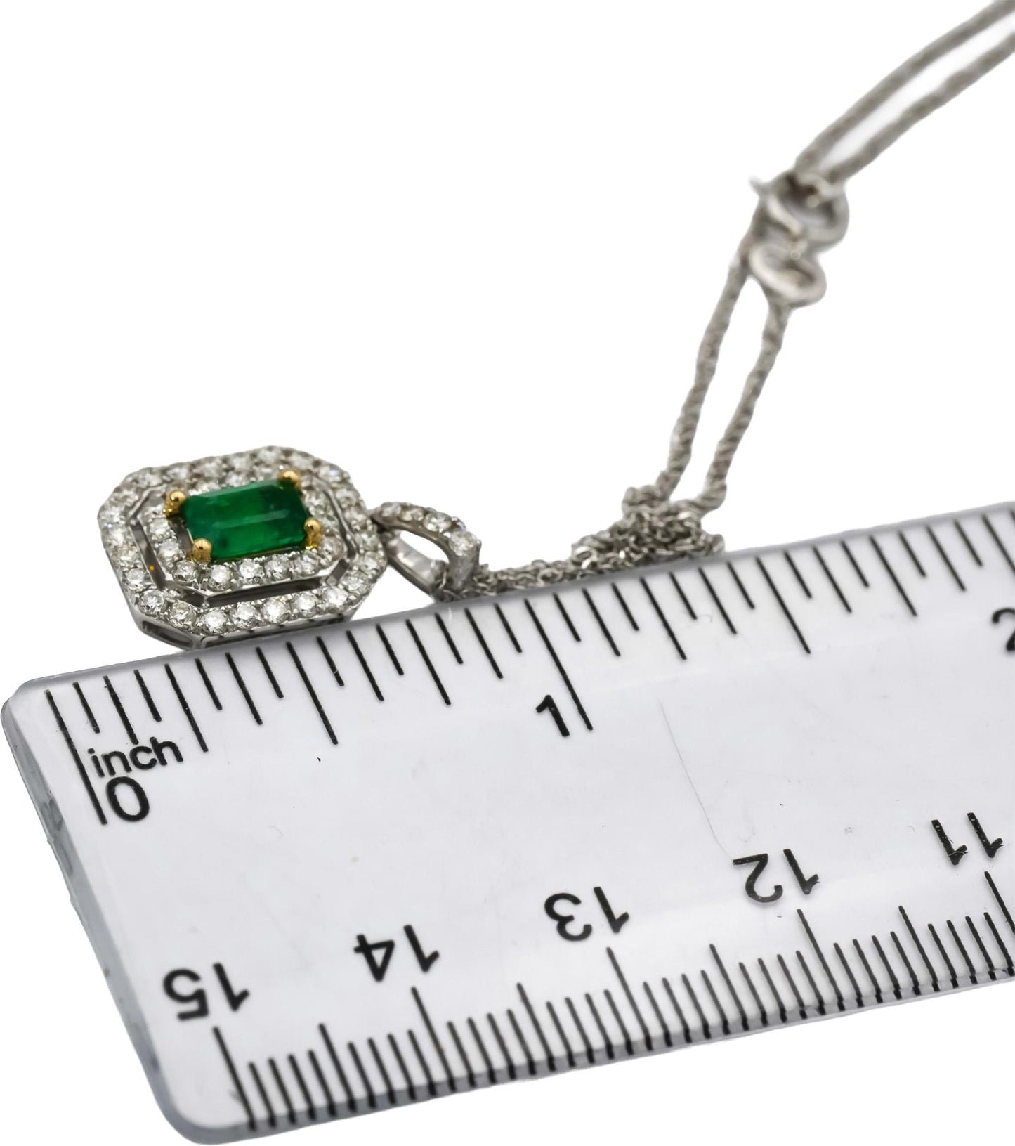14k White Gold Diamond and Emerald Pendant Necklace 1.15CTW