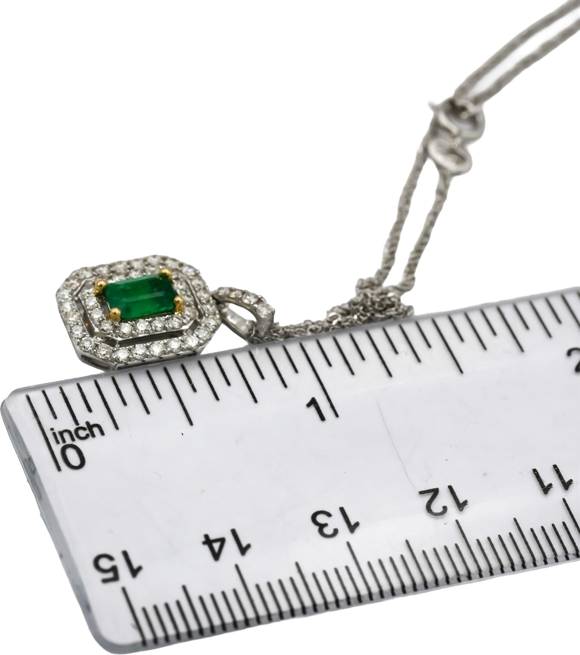 14k White Gold Diamond and Emerald Pendant Necklace 1.15CTW