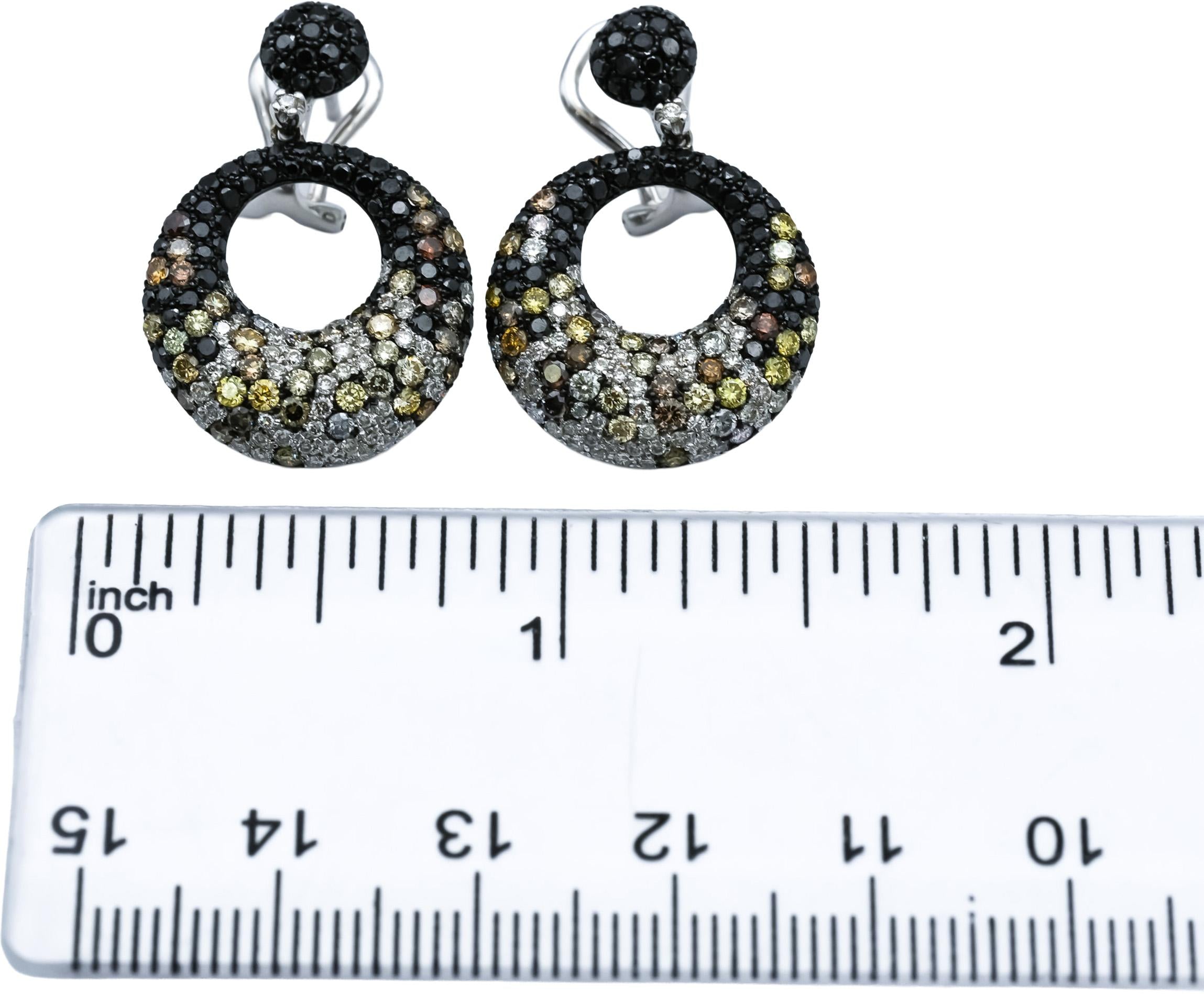 14k White Gold Round Black and Multi-Color Diamond Dangle Earrings 3.50CT