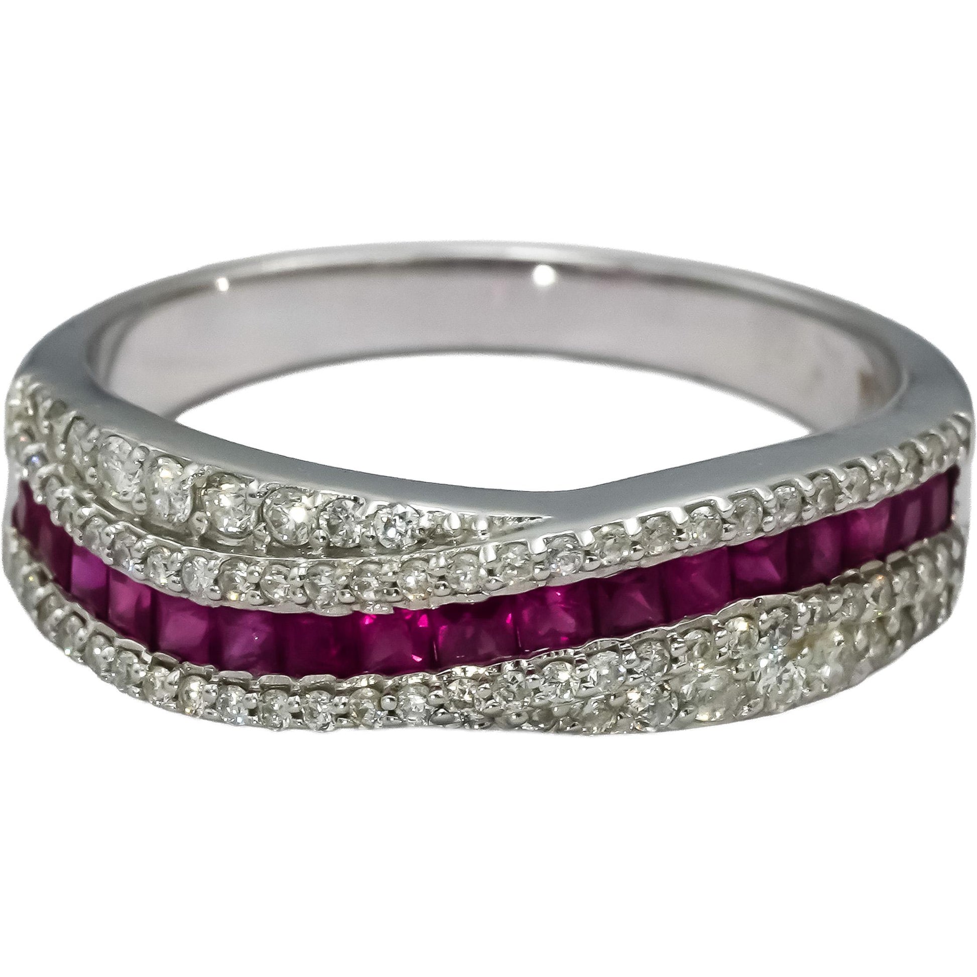 18k White Gold Diamond and Ruby Crossover Band Ring 0.78CT Size 6.75