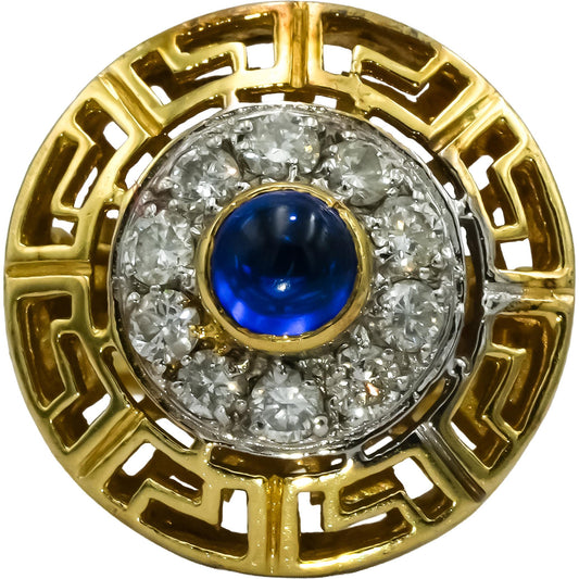 14k Yellow & White Gold Diamond Cabochon Sapphire Greek Key Ring .50CT Size 5