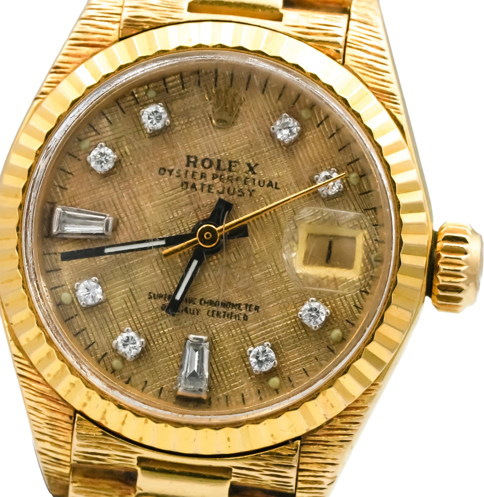 ROLEX Vintage 18k Gold Lady-Datejust Custom Dial Bark Finish Watch Ref 6917