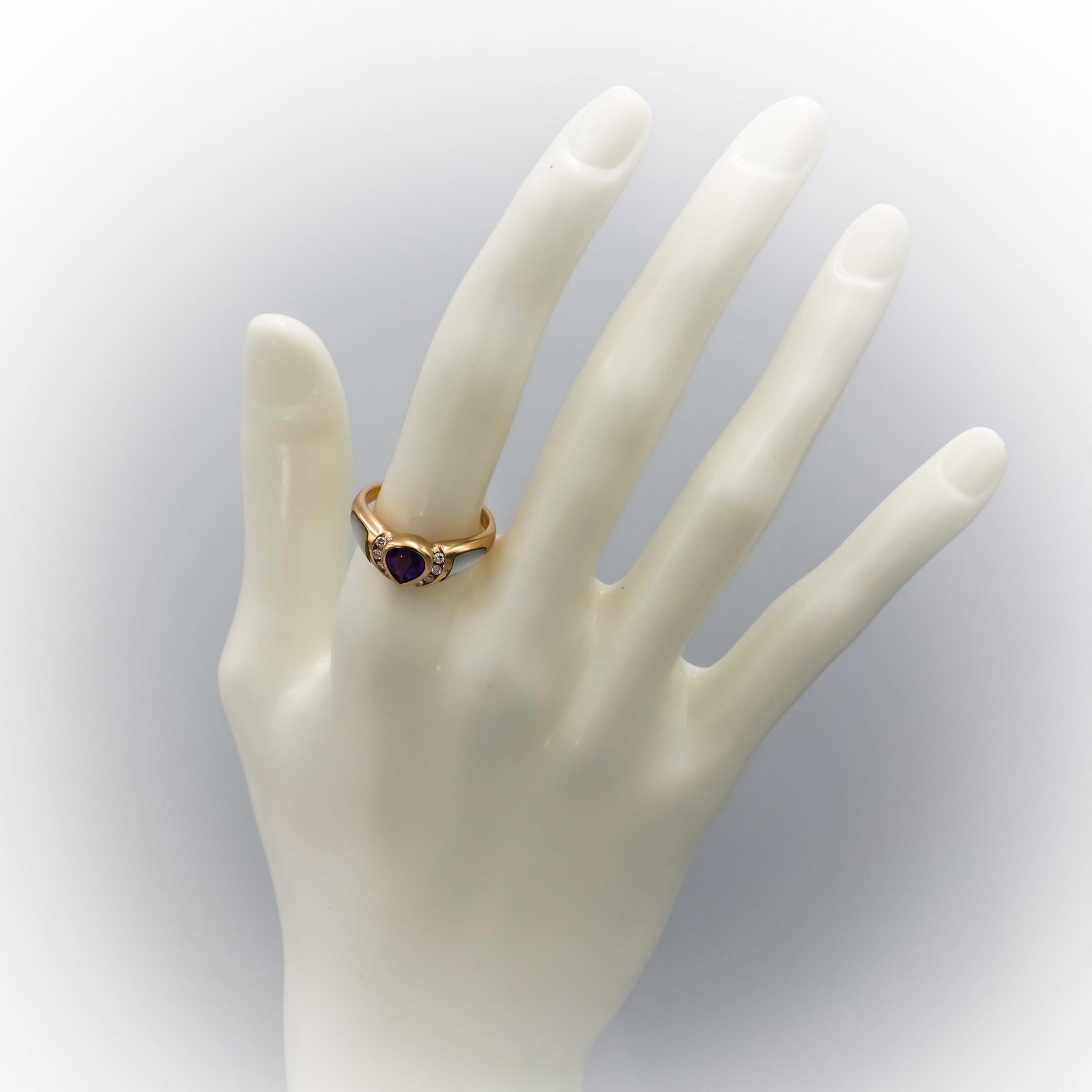 14k Yellow Gold Diamond Amethyst Mother of Pearl Cocktail Ring 0.16CT Size 8