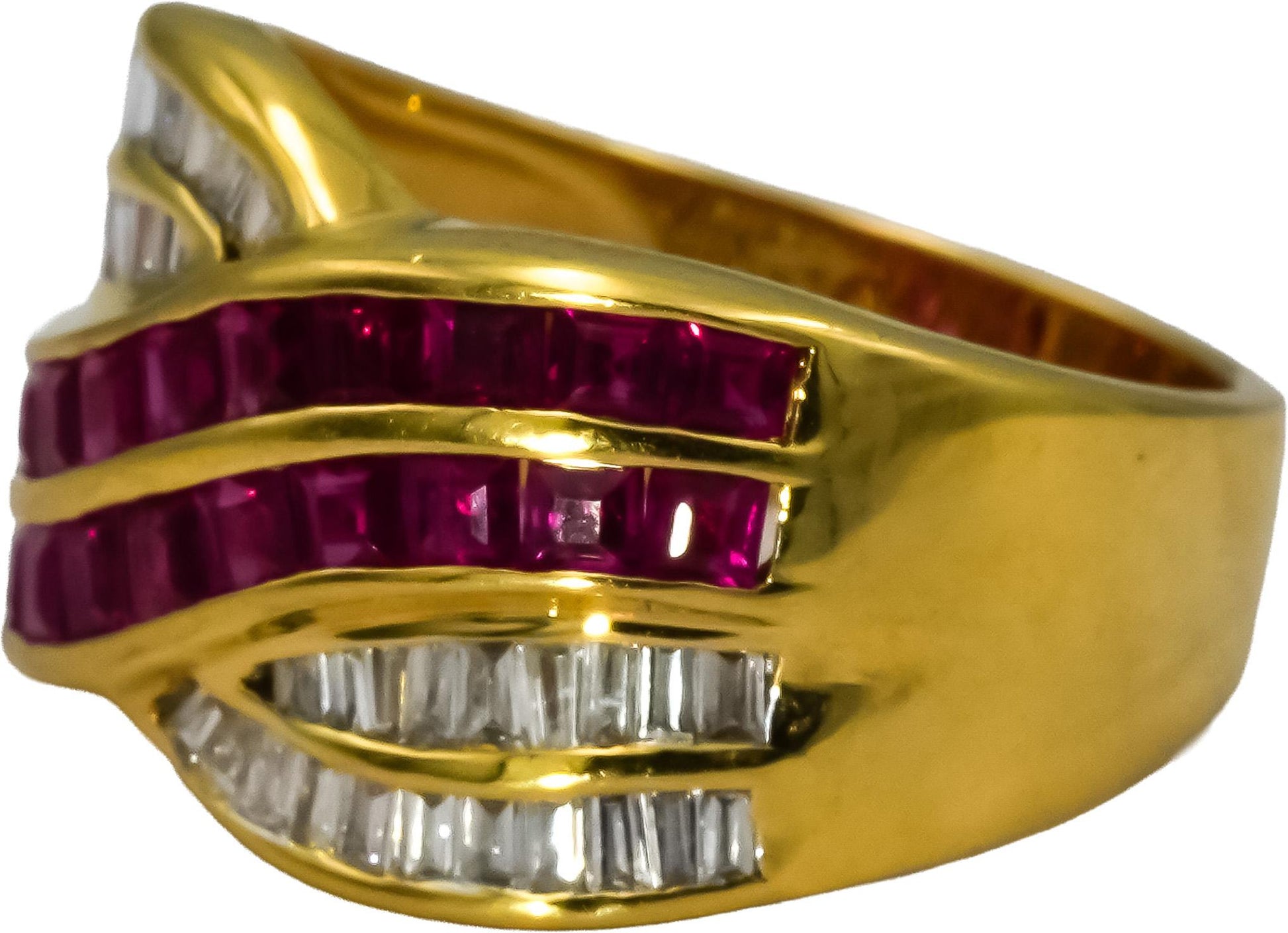 LE VIAN 18k Yellow Gold Diamond and Ruby Crossover Band Ring 2.0CT Size 7