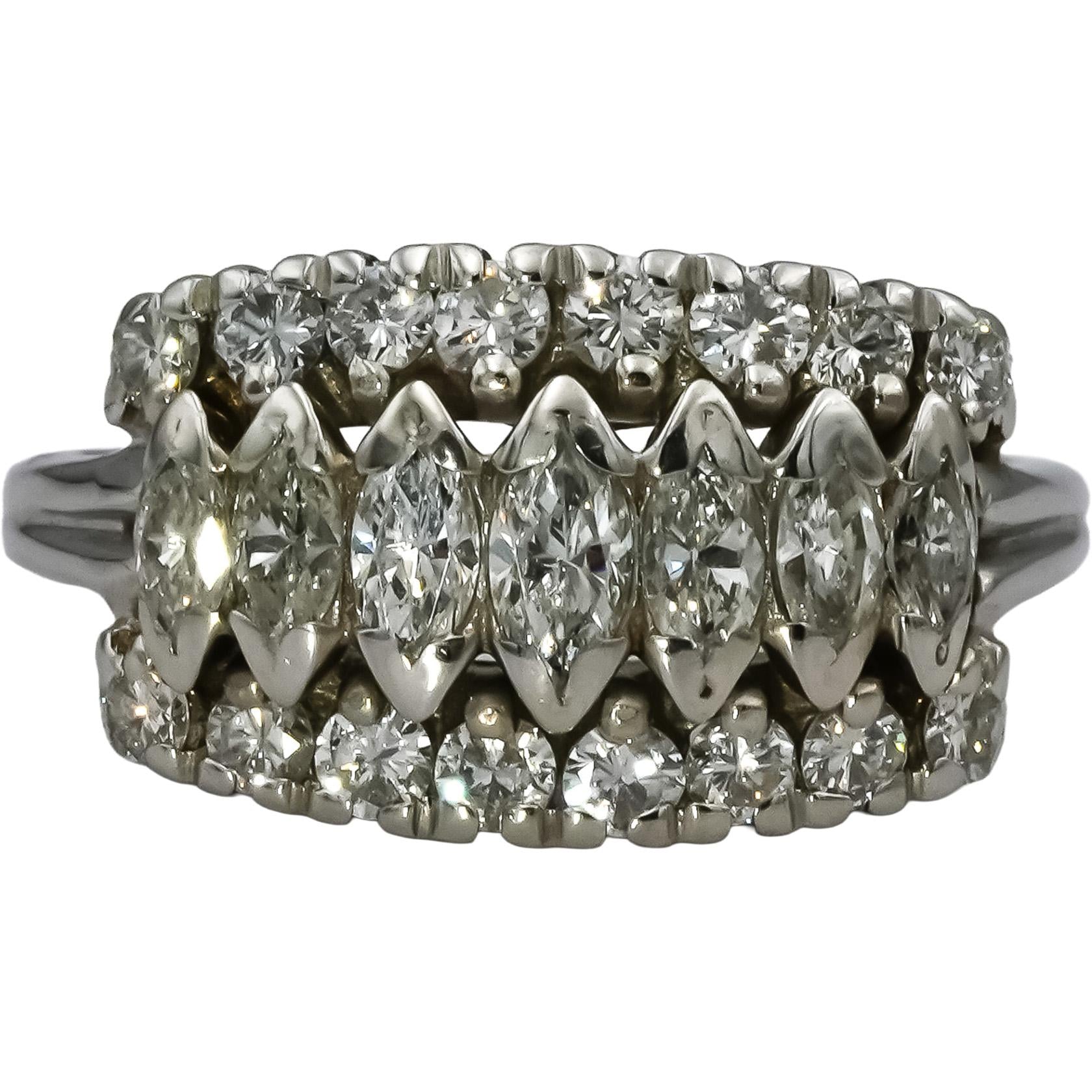 Vintage 14k White Gold VS Round and Marquise Diamond Ring 1.0CT Size 7