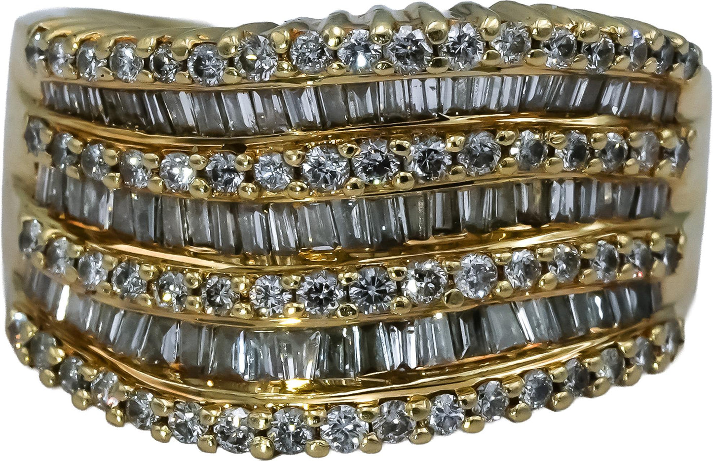 EFFY 14k Yellow Gold Round & Baguette Cut Diamond Wavy Band Ring 1.0CT Size 5.75
