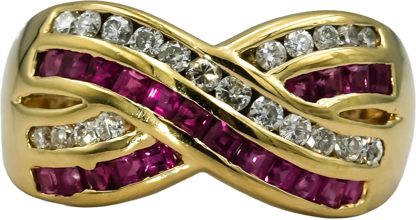 14k Yellow Gold Diamond and Ruby Crossover Band Ring 1.25CT Size 8