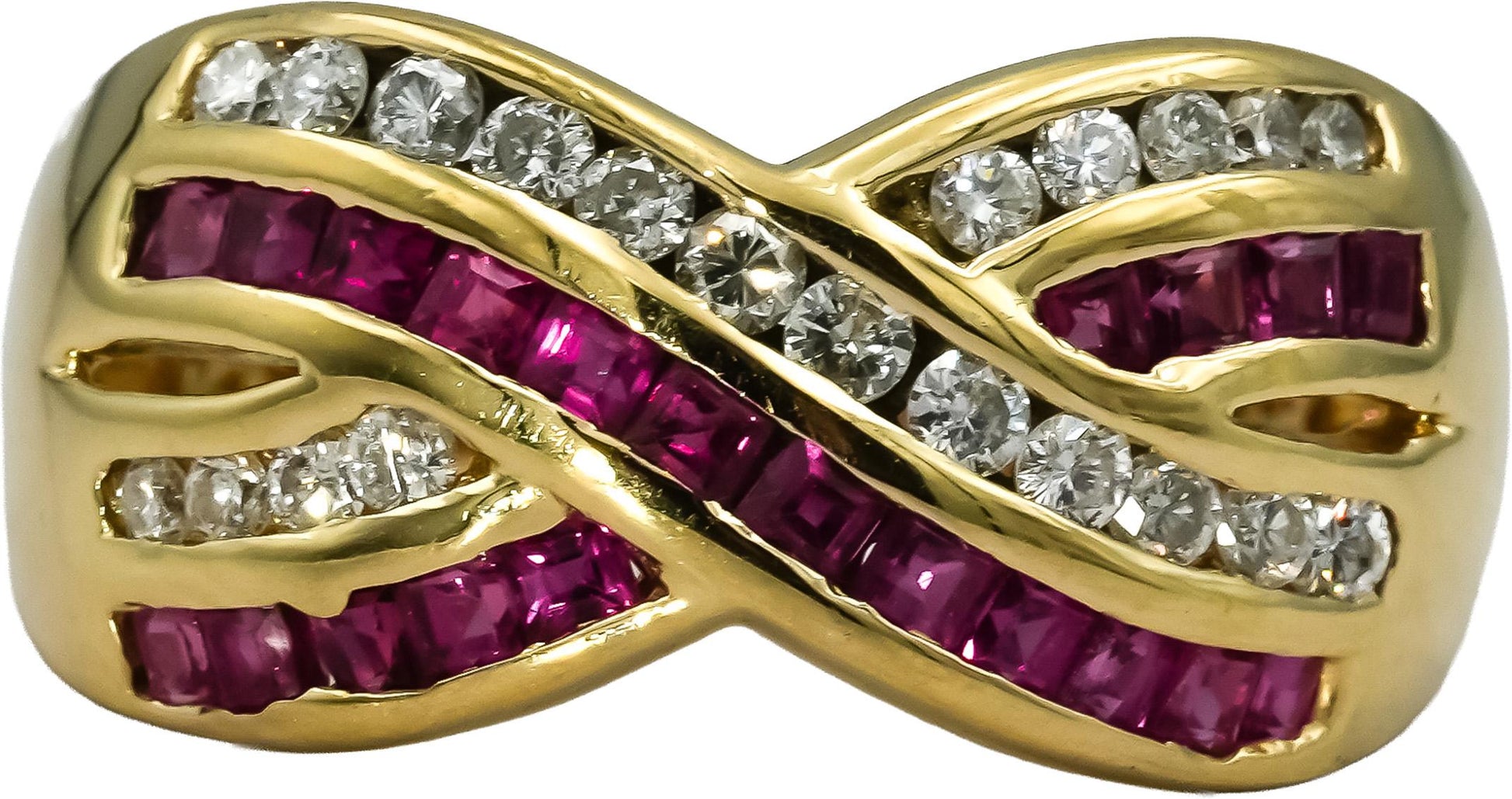 14k Yellow Gold Diamond and Ruby Crossover Band Ring 1.25CT Size 8