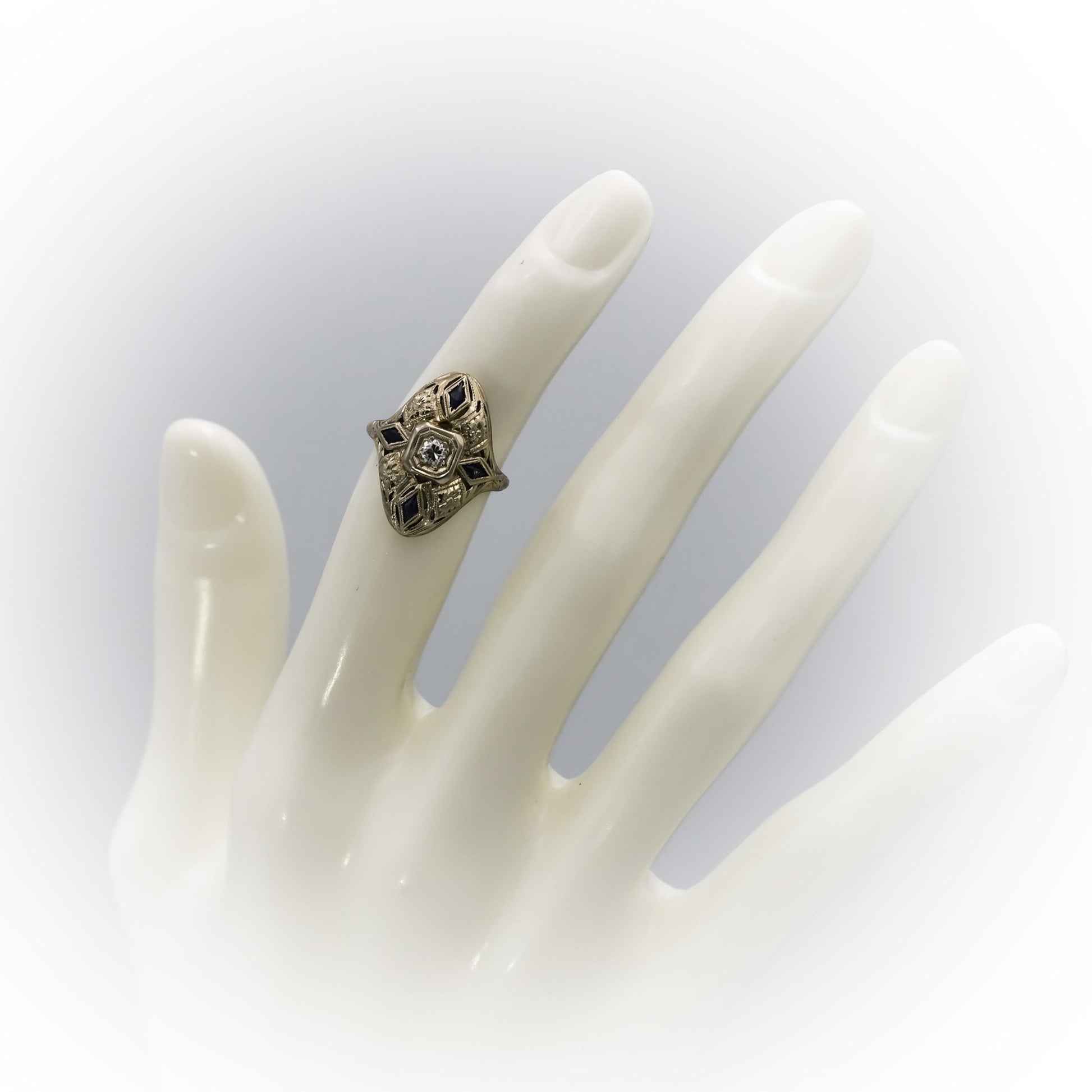 Art Deco Antique 18k White Gold Diamond & Synthetic Sapphire Ring 0.40CT Size 4