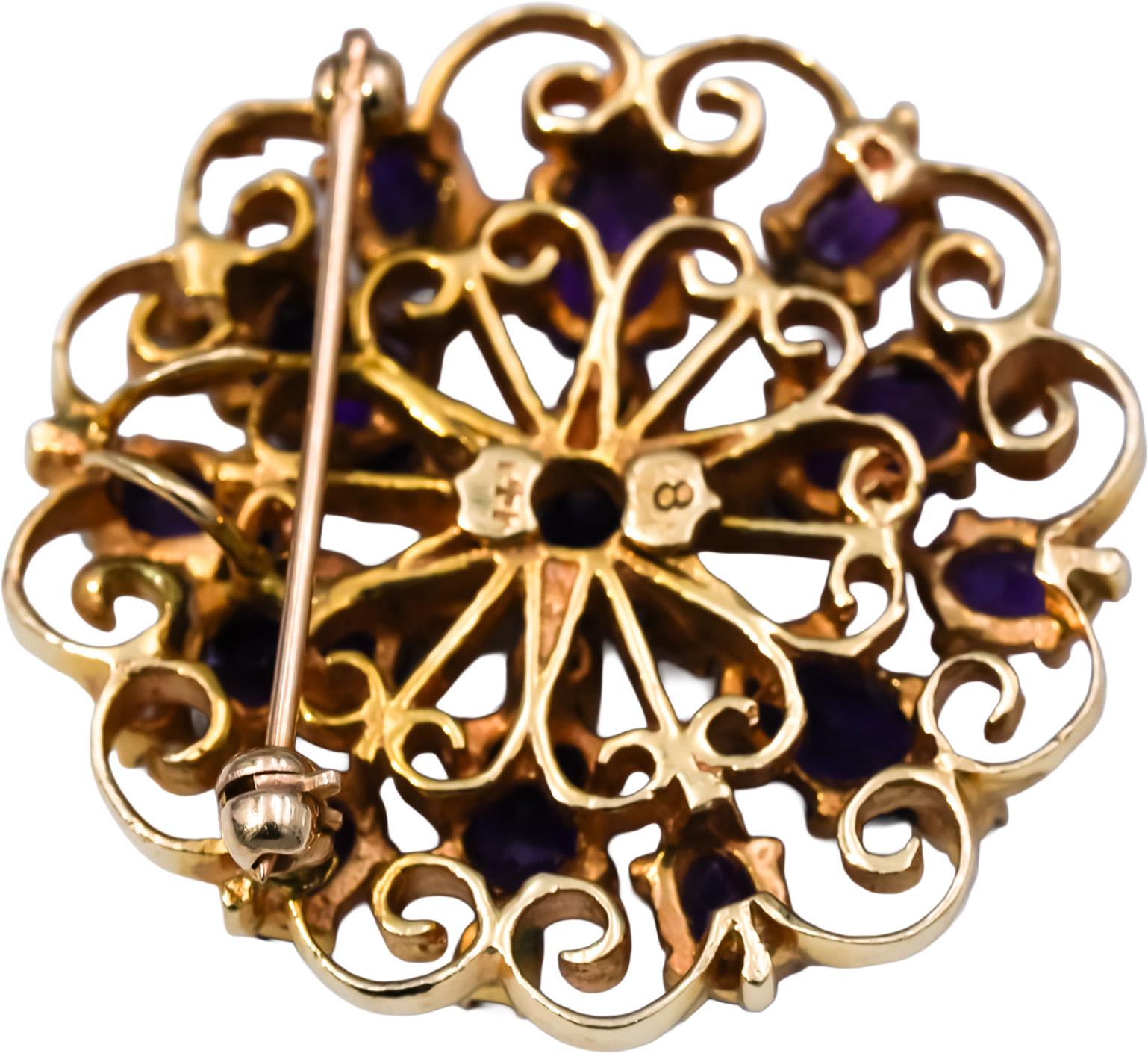 14k Yellow Gold Diamond and Amethyst Pendant Brooch Pin 5.50CT