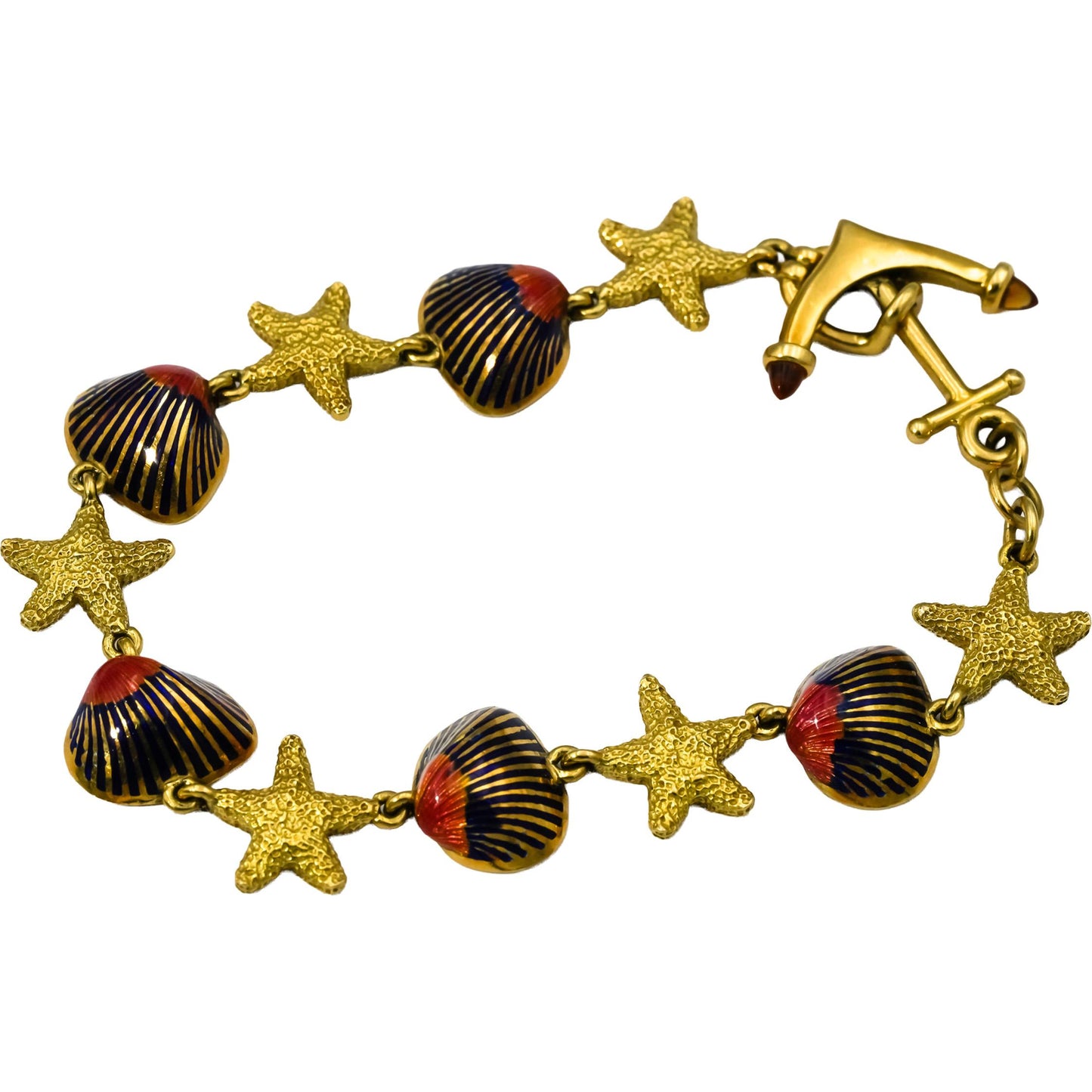 Designer 18k Yellow Gold Enamel Sea Life Nautical Themed Link Bracelet