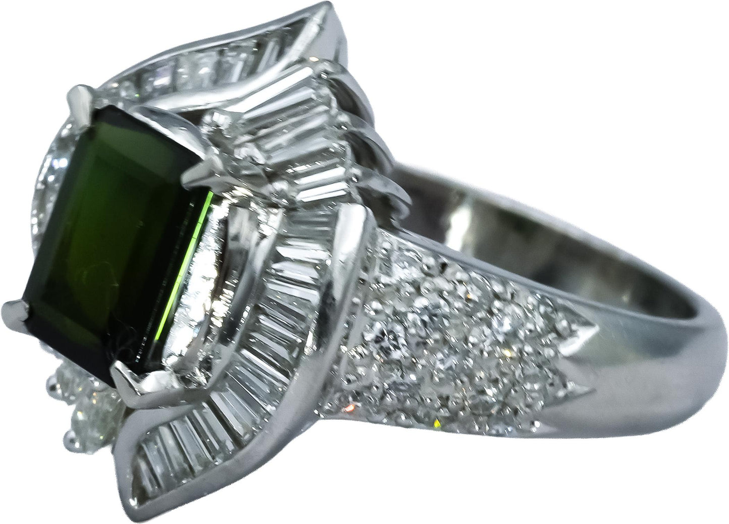 Platinum 900 VS Diamond and Green Tourmaline Cocktail Ring 2.60CT Size 6