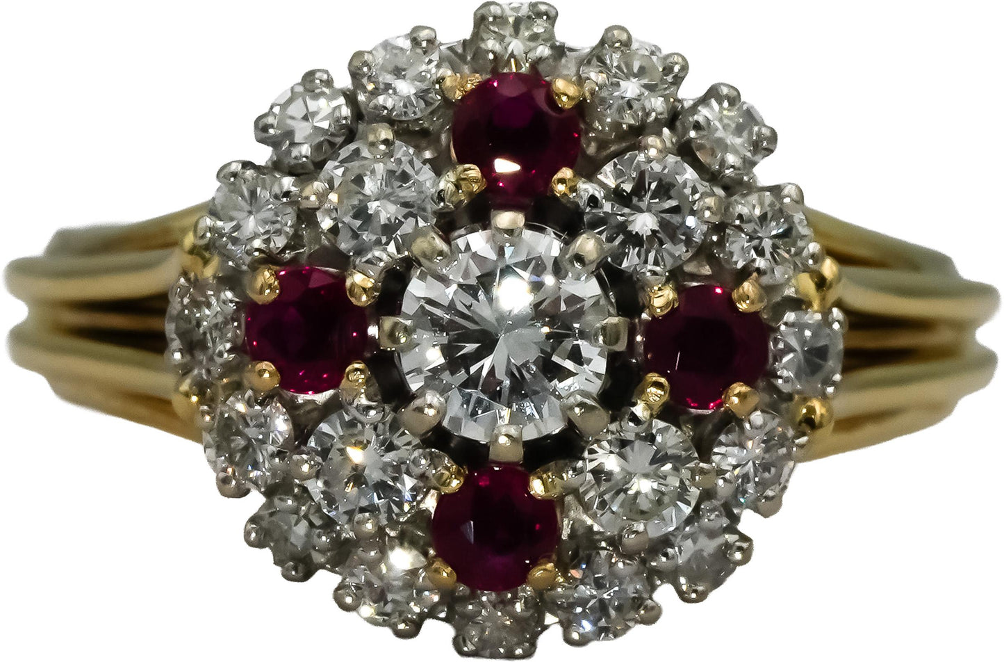 14k Yellow Gold Diamond & Ruby Cluster Cocktail Ring 1.45CT w/ .45CT Center Sz 9