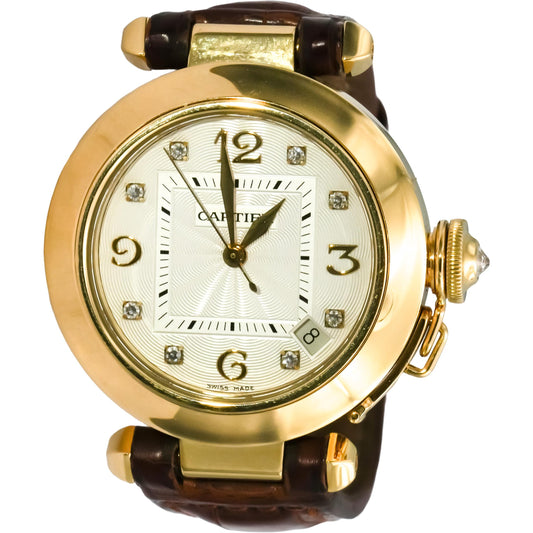 CARTIER 18k Yellow Gold Pasha De Cartier Diamond Dial & Crown Watch Ref 1035