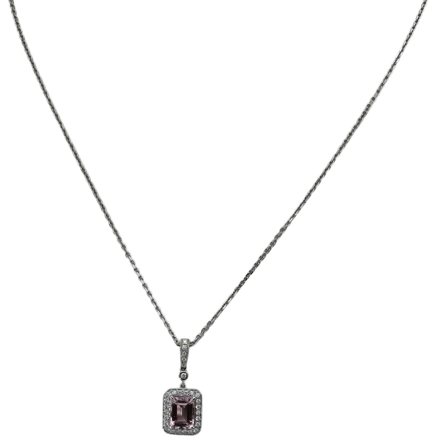 14k White Gold Round Diamond and Emerald-Cut Kunzite Pendant Necklace 0.20CT
